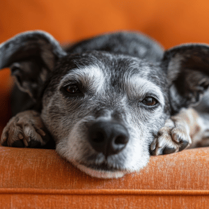 senior dog on couch in Durham, NC home