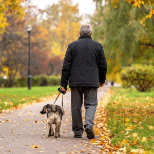 man with senior dog walking in Durham, NC